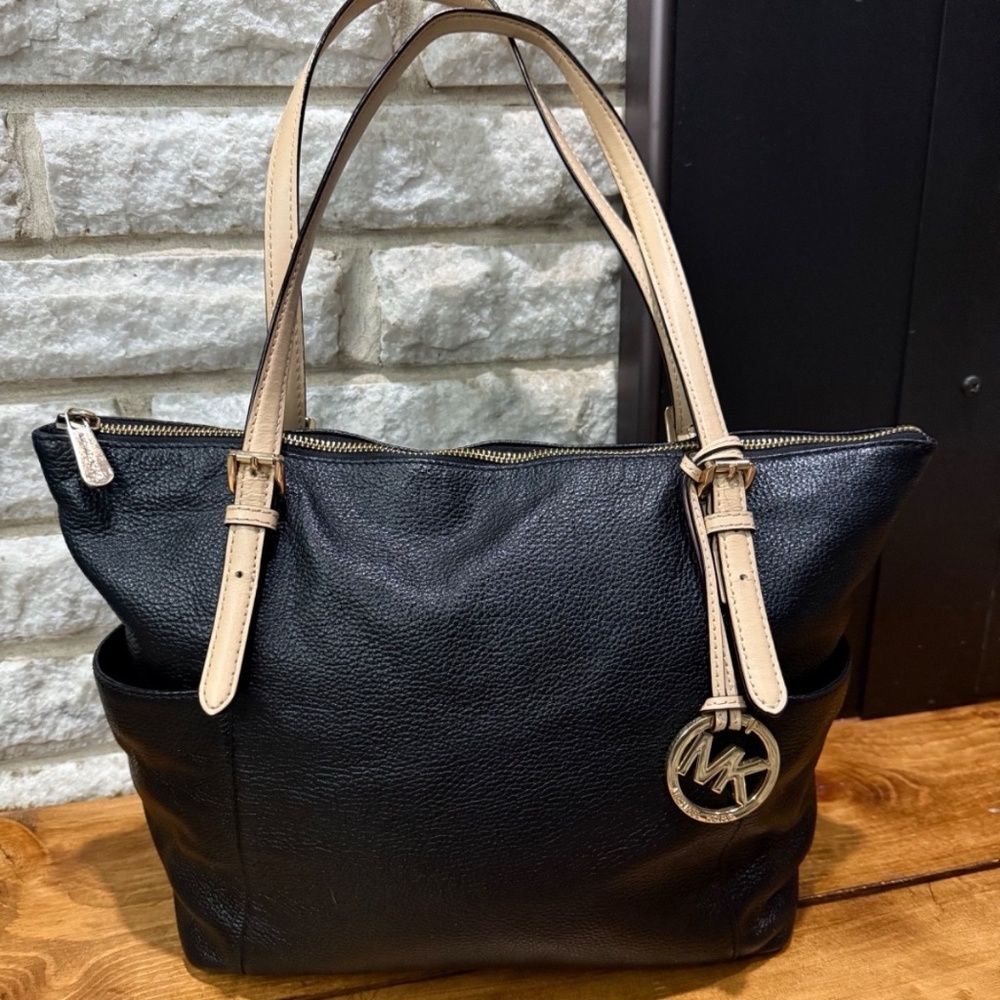 Michael Kors MK Handbag Jet Set Black Pebbled Leather Tote Bag LARGE EXCELLENT